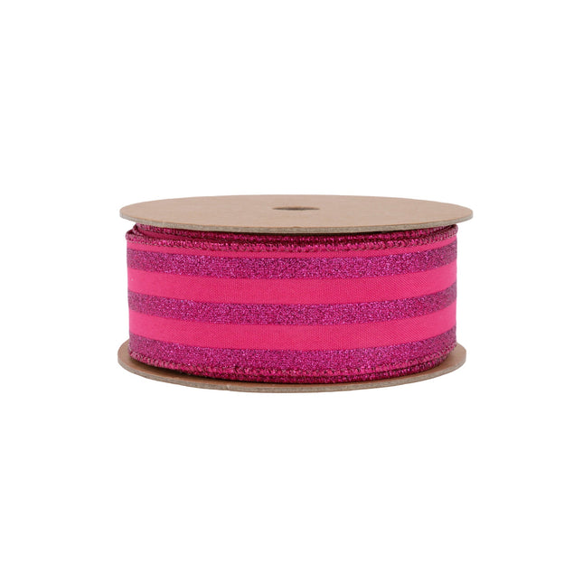 1 1/2" Wired Ribbon | Hot Pink Glittered Pinstripes on Hot Pink | 10 Yard Roll LaRibbons Wholesale