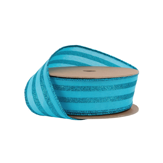 1 1/2" Wired Ribbon | Bright Blue Glittered Pinstripes on Blue | 10 Yard Roll LaRibbons Wholesale