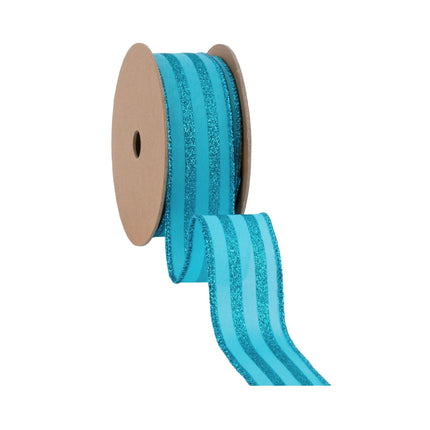 1 1/2" Wired Ribbon | Bright Blue Glittered Pinstripes on Blue | 10 Yard Roll LaRibbons Wholesale