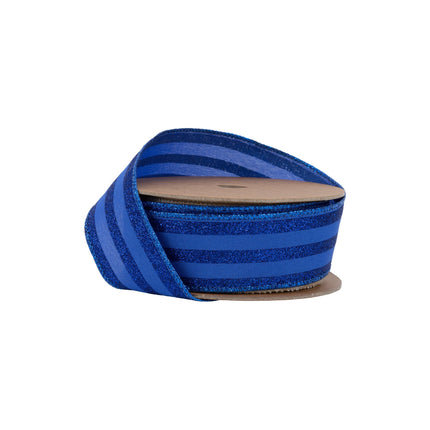 1 1/2" Wired Ribbon | Royal Blue Glittered Pinstripes on Blue | 10 Yard Roll LaRibbons Wholesale