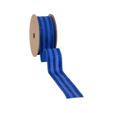 1 1/2" Wired Ribbon | Royal Blue Glittered Pinstripes on Blue | 10 Yard Roll LaRibbons Wholesale