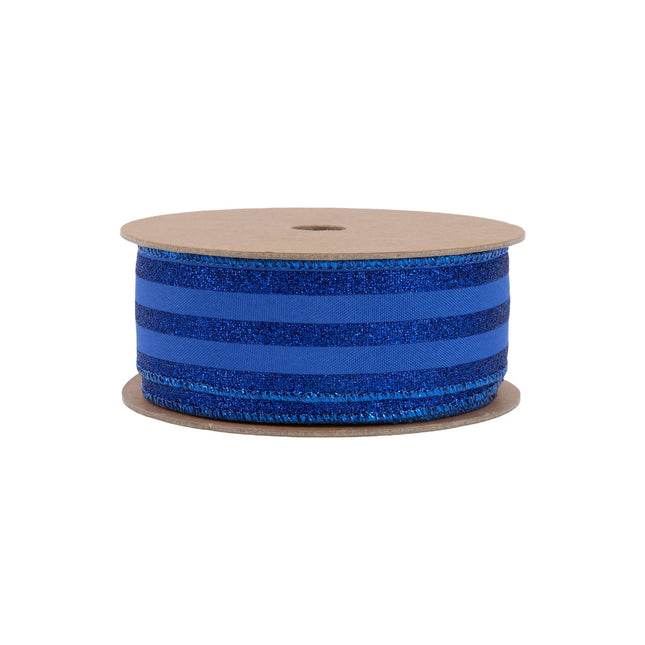 1 1/2" Wired Ribbon | Royal Blue Glittered Pinstripes on Blue | 10 Yard Roll LaRibbons Wholesale