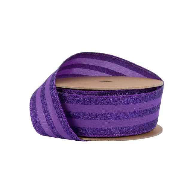 1 1/2" Wired Ribbon | Purple Glittered Pinstripes on Purple | 10 Yard Roll LaRibbons Wholesale