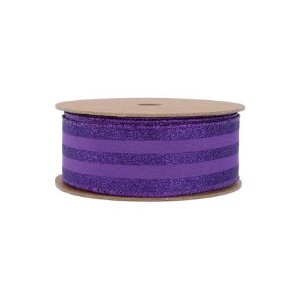 1 1/2" Wired Ribbon | Purple Glittered Pinstripes on Purple | 10 Yard Roll LaRibbons Wholesale