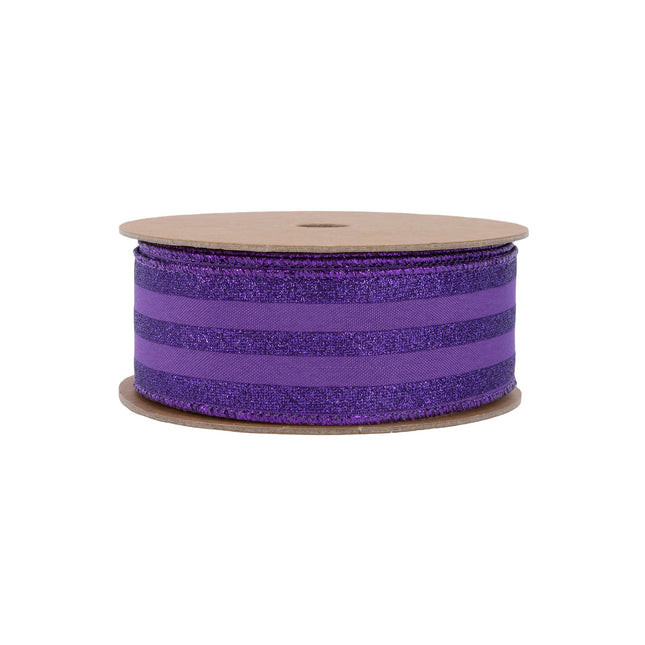 1 1/2" Wired Ribbon | Purple Glittered Pinstripes on Purple | 10 Yard Roll LaRibbons Wholesale