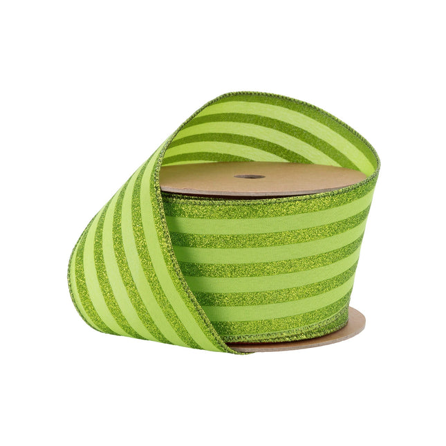 2 1/2" Wired Ribbon | Green Glittered Pinstripes on Light Green | 10 Yard Roll LaRibbons Wholesale