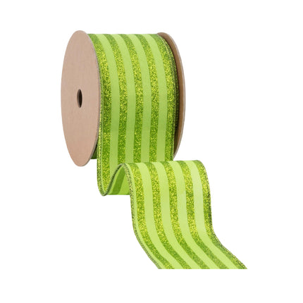 2 1/2" Wired Ribbon | Green Glittered Pinstripes on Light Green | 10 Yard Roll LaRibbons Wholesale