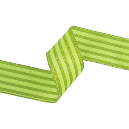 2 1/2" Wired Ribbon | Green Glittered Pinstripes on Light Green | 10 Yard Roll LaRibbons Wholesale