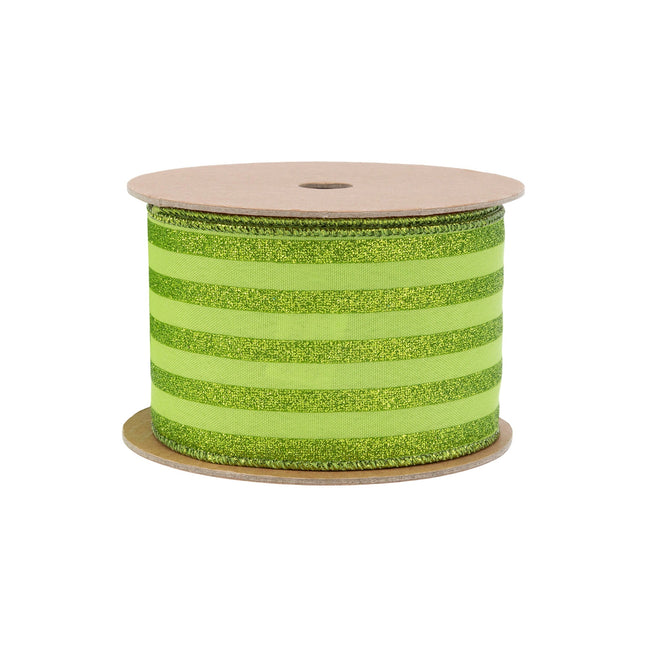 2 1/2" Wired Ribbon | Green Glittered Pinstripes on Light Green | 10 Yard Roll LaRibbons Wholesale