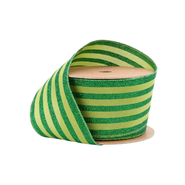 2 1/2" Wired Ribbon | Green Glittered Pinstripes on Dark Green | 10 Yard Roll LaRibbons Wholesale