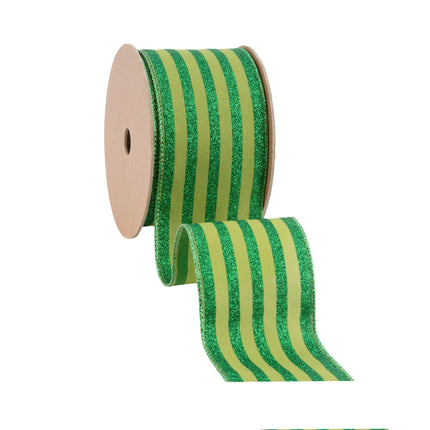 2 1/2" Wired Ribbon | Green Glittered Pinstripes on Dark Green | 10 Yard Roll LaRibbons Wholesale