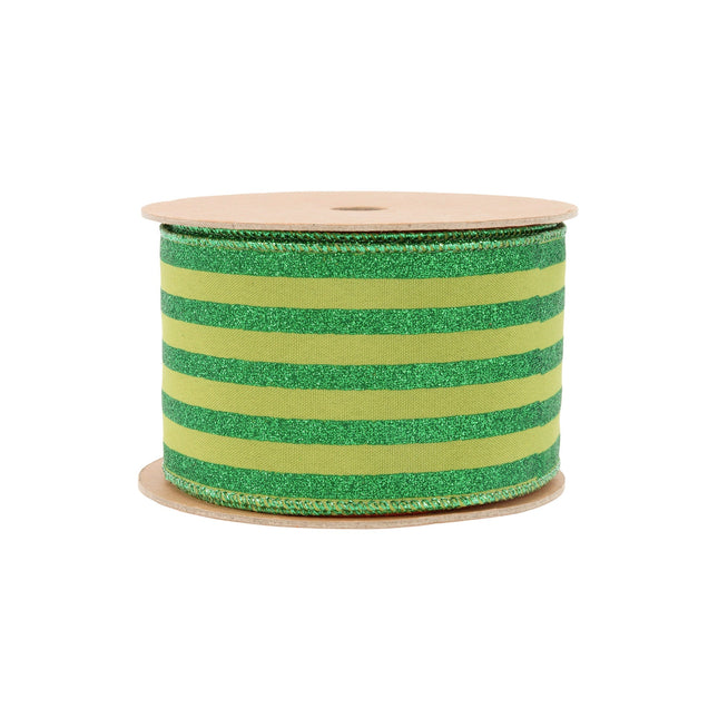 2 1/2" Wired Ribbon | Green Glittered Pinstripes on Dark Green | 10 Yard Roll LaRibbons Wholesale