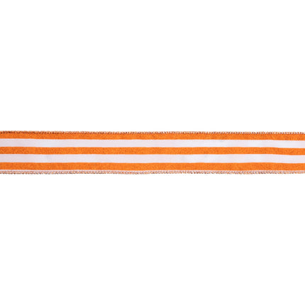 1 1/2" Wired Ribbon | Orange Glittered Pinstripes on White | 10 Yard Roll - LaRibbons and Crafts