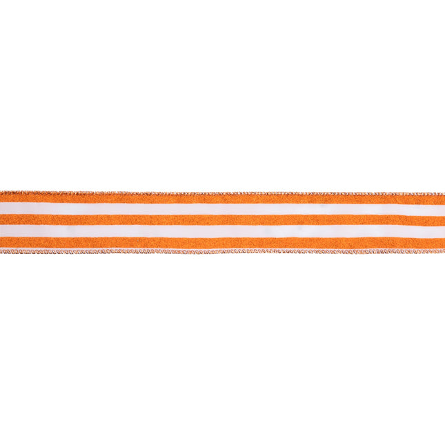 1 1/2" Wired Ribbon | Orange Glittered Pinstripes on White | 10 Yard Roll - LaRibbons and Crafts