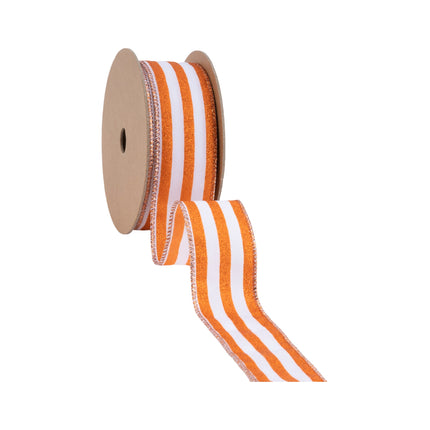 1 1/2" Wired Ribbon | Orange Glittered Pinstripes on White | 10 Yard Roll - LaRibbons and Crafts
