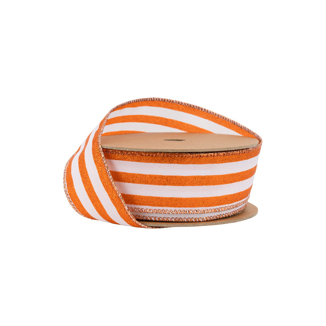 1 1/2" Wired Ribbon | Orange Glittered Pinstripes on White | 10 Yard Roll - LaRibbons and Crafts