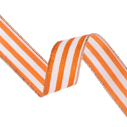 1 1/2" Wired Ribbon | Orange Glittered Pinstripes on White | 10 Yard Roll - LaRibbons and Crafts