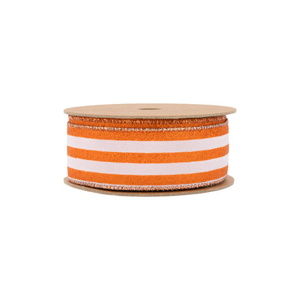 1 1/2" Wired Ribbon | Orange Glittered Pinstripes on White | 10 Yard Roll - LaRibbons and Crafts