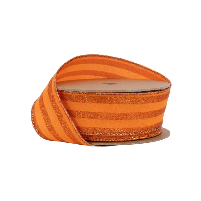 1 1/2" Wired Ribbon | Orange Glittered Pinstripes on Orange | 10 Yard Roll LaRibbons Wholesale