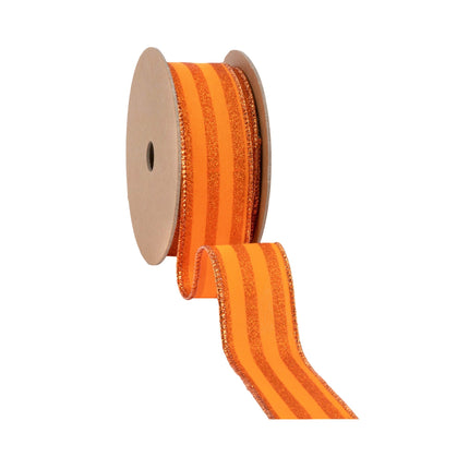 1 1/2" Wired Ribbon | Orange Glittered Pinstripes on Orange | 10 Yard Roll LaRibbons Wholesale