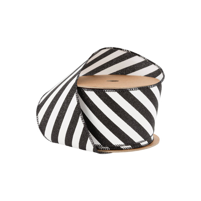 2 1/2" Wired Ribbon | Black Glittered Diagonal Stripes on White | 10 Yard Roll LaRibbons Wholesale