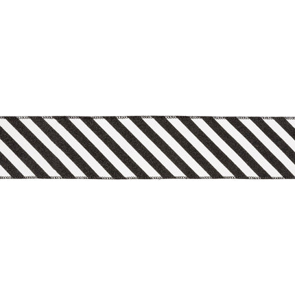 2 1/2" Wired Ribbon | Black Glittered Diagonal Stripes on White | 10 Yard Roll LaRibbons Wholesale