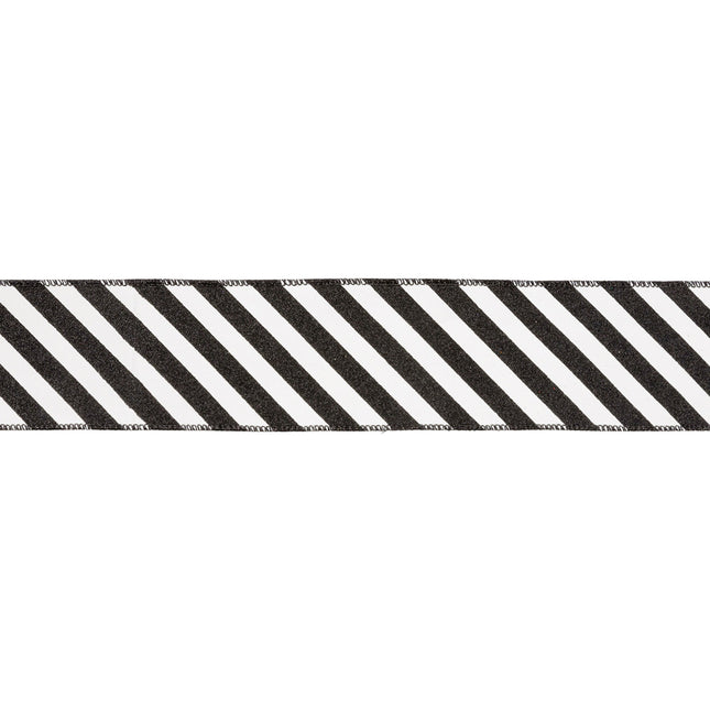 2 1/2" Wired Ribbon | Black Glittered Diagonal Stripes on White | 10 Yard Roll LaRibbons Wholesale