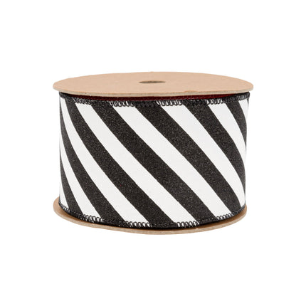 2 1/2" Wired Ribbon | Black Glittered Diagonal Stripes on White | 10 Yard Roll LaRibbons Wholesale