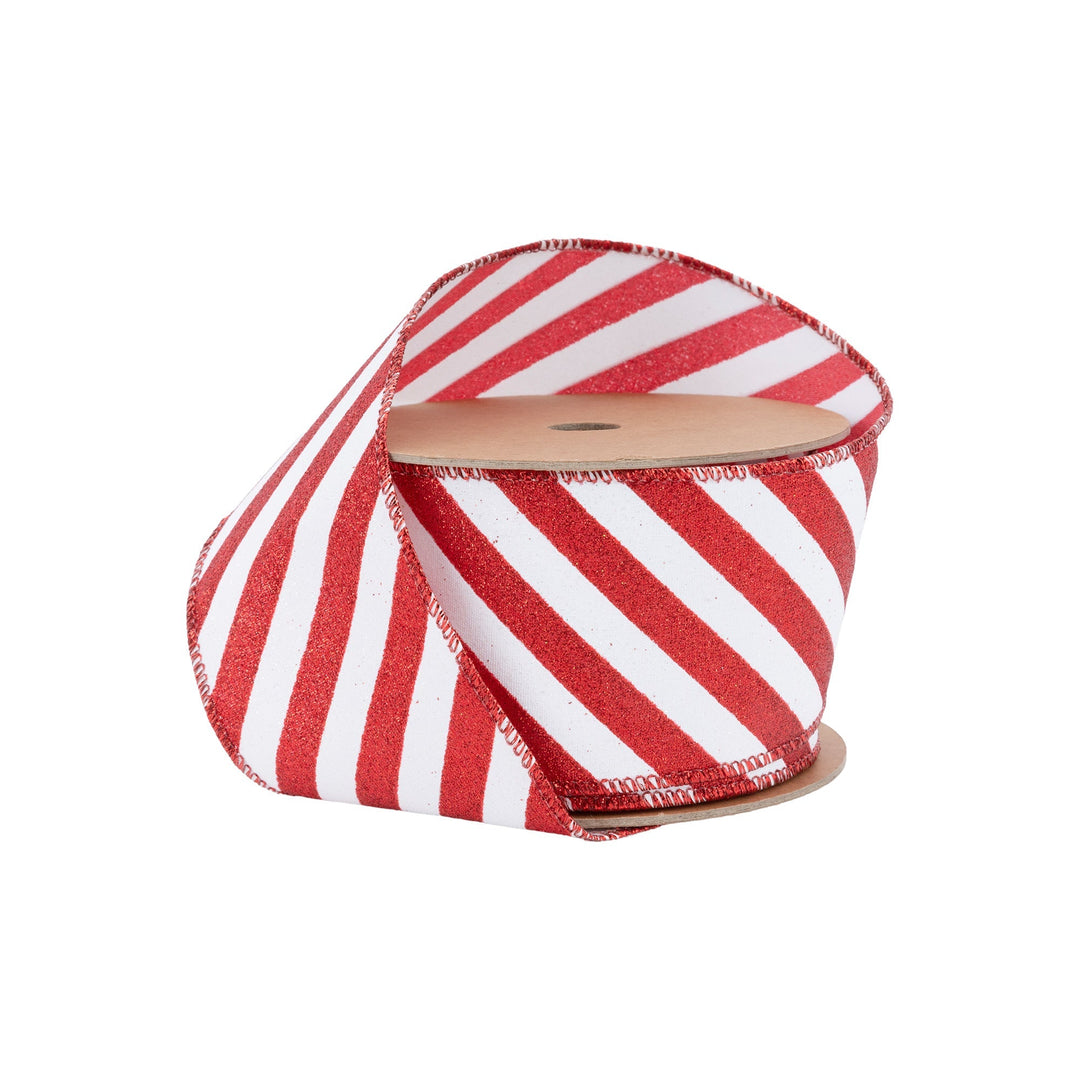 2 1/2" Wired Ribbon | Red Glittered Diagonal Stripes on White | 10 Yard Roll LaRibbons Wholesale