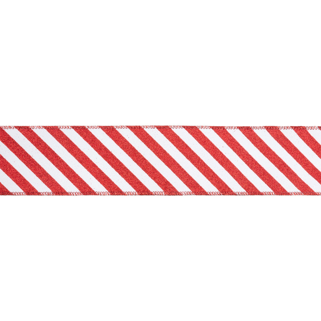 2 1/2" Wired Ribbon | Red Glittered Diagonal Stripes on White | 10 Yard Roll LaRibbons Wholesale