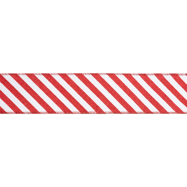 2 1/2" Wired Ribbon | Red Glittered Diagonal Stripes on White | 10 Yard Roll LaRibbons Wholesale
