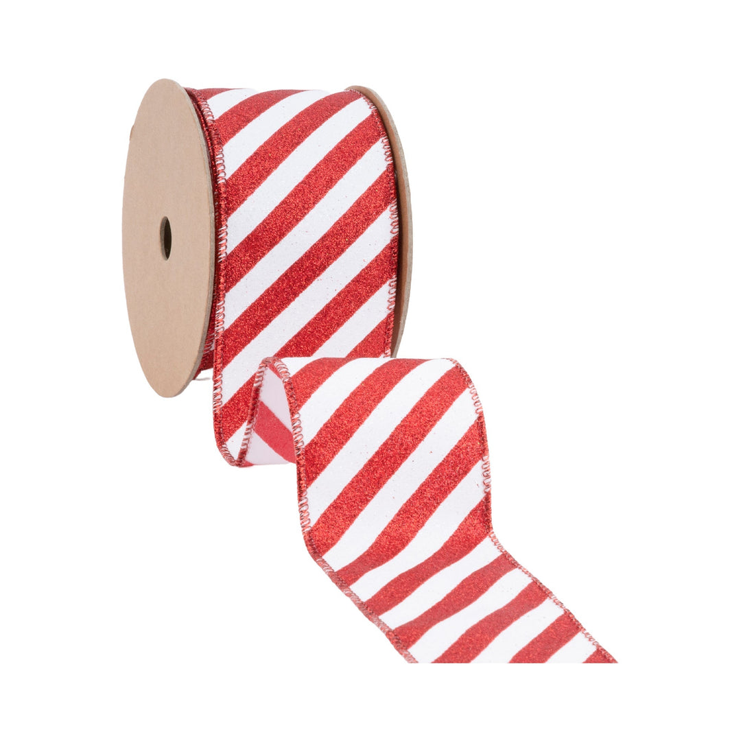 2 1/2" Wired Ribbon | Red Glittered Diagonal Stripes on White | 10 Yard Roll LaRibbons Wholesale