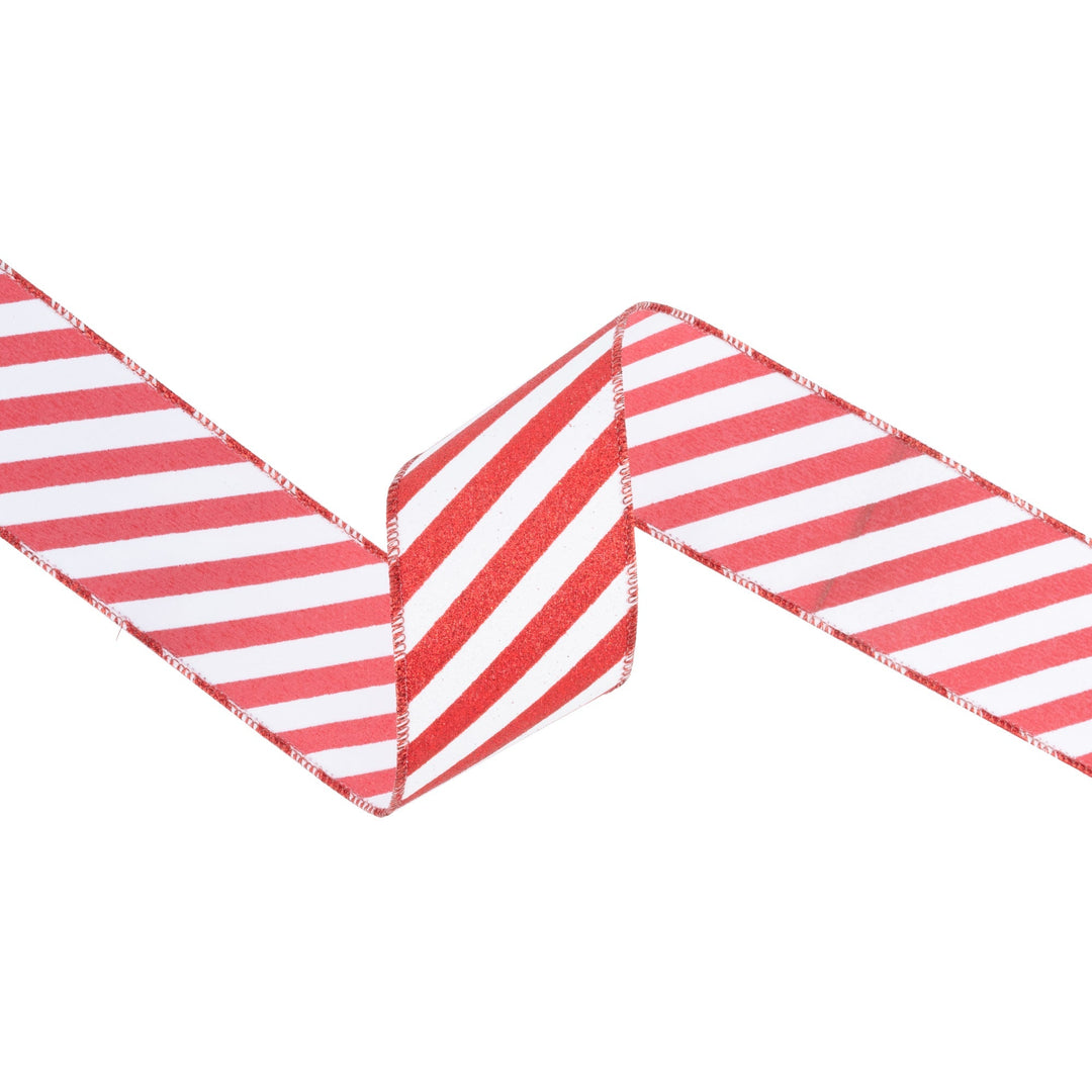 2 1/2" Wired Ribbon | Red Glittered Diagonal Stripes on White | 10 Yard Roll LaRibbons Wholesale