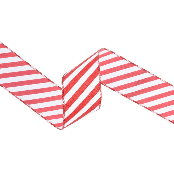 2 1/2" Wired Ribbon | Red Glittered Diagonal Stripes on White | 10 Yard Roll LaRibbons Wholesale