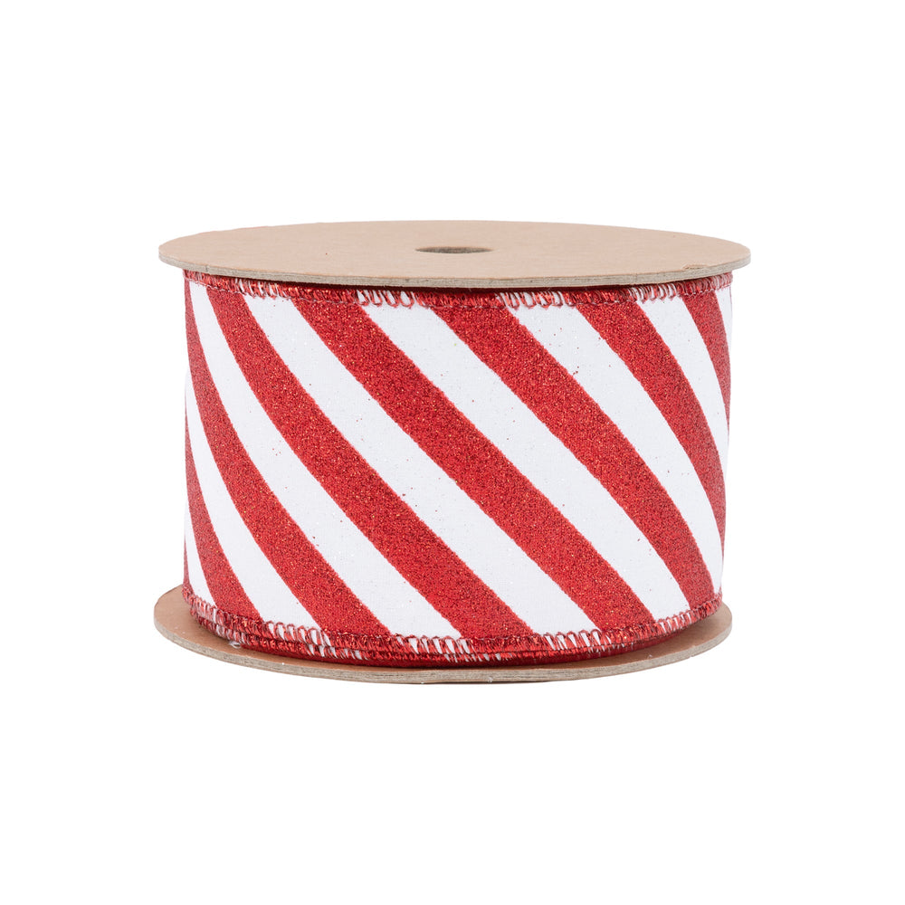 2 1/2" Wired Ribbon | Red Glittered Diagonal Stripes on White | 10 Yard Roll LaRibbons Wholesale