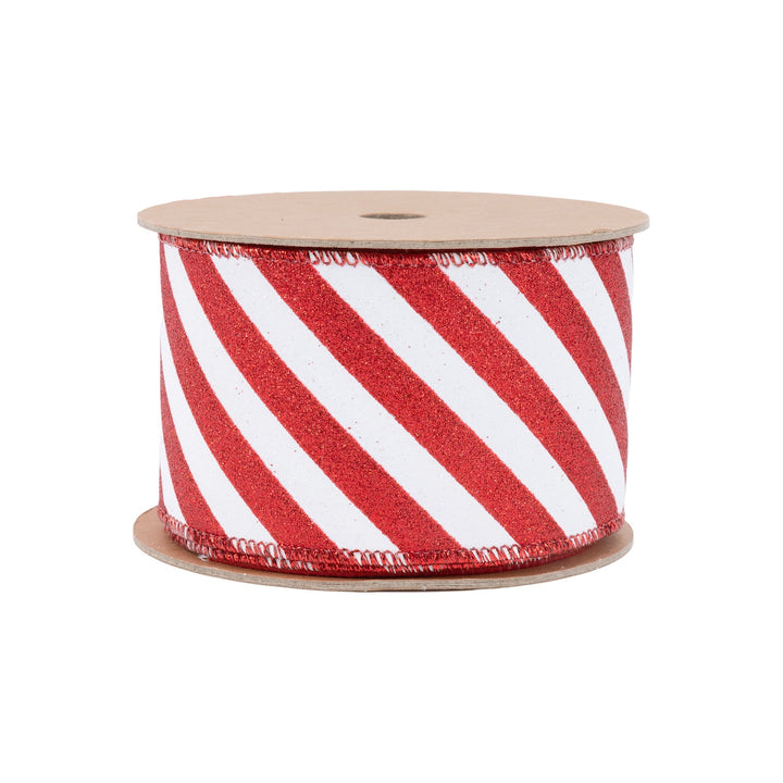 2 1/2" Wired Ribbon | Red Glittered Diagonal Stripes on White | 10 Yard Roll LaRibbons Wholesale