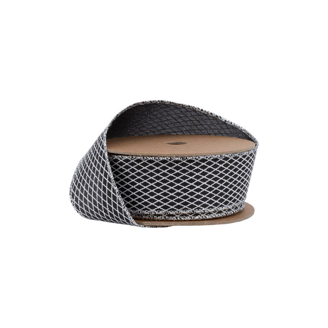 1 1/2" Wired Ribbon | White Diamond Outlines on Black | 10 Yard Roll LaRibbons Wholesale