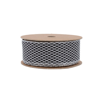 1 1/2" Wired Ribbon | White Diamond Outlines on Black | 10 Yard Roll LaRibbons Wholesale