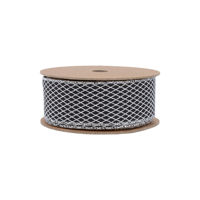 1 1/2" Wired Ribbon | White Diamond Outlines on Black | 10 Yard Roll LaRibbons Wholesale