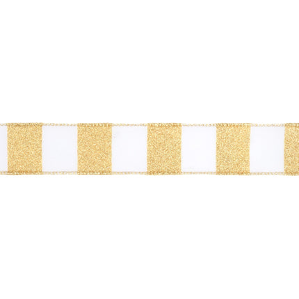 1 1/2" Wired Ribbon | Horizontal Gold Glittered Stripes on White | 10 Yard Roll LaRibbons Wholesale