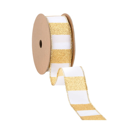 1 1/2" Wired Ribbon | Horizontal Gold Glittered Stripes on White | 10 Yard Roll LaRibbons Wholesale