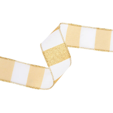 1 1/2" Wired Ribbon | Horizontal Gold Glittered Stripes on White | 10 Yard Roll LaRibbons Wholesale
