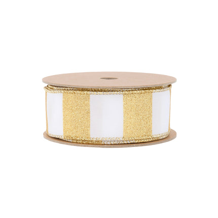 1 1/2" Wired Ribbon | Horizontal Gold Glittered Stripes on White | 10 Yard Roll LaRibbons Wholesale