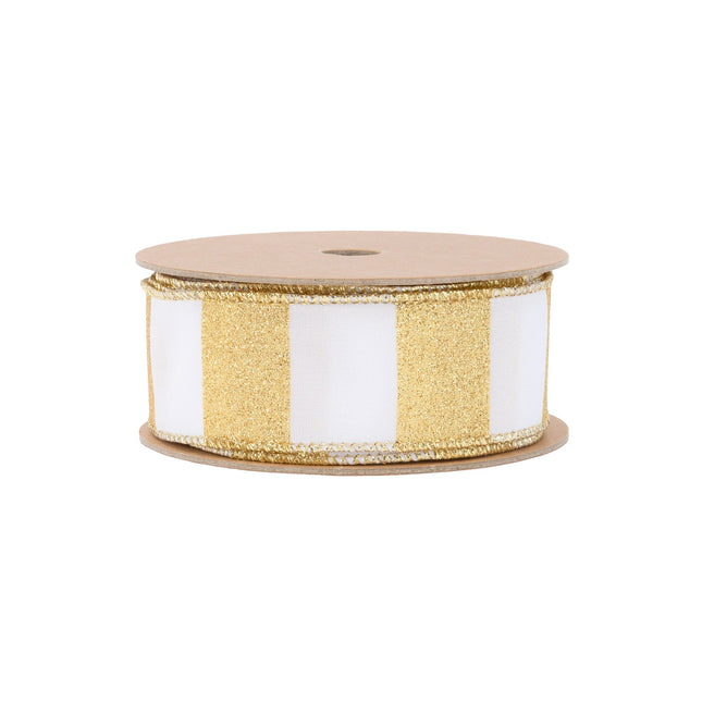 1 1/2" Wired Ribbon | Horizontal Gold Glittered Stripes on White | 10 Yard Roll LaRibbons Wholesale