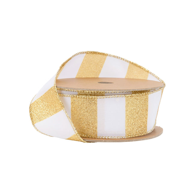 1 1/2" Wired Ribbon | Horizontal Gold Glittered Stripes on White | 10 Yard Roll LaRibbons Wholesale
