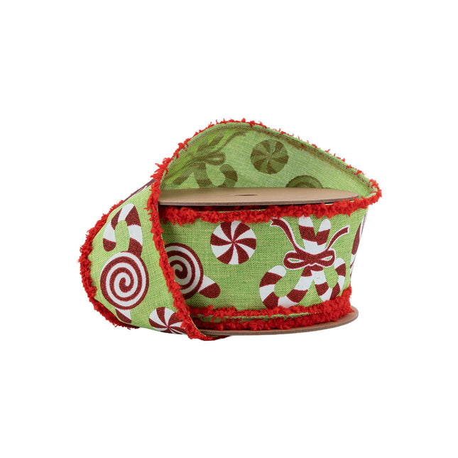 2 1/2" Wired Ribbon | Candy Cane with Red Fuzzy Edge | 10 Yard Roll LA Ribbons Wholesale