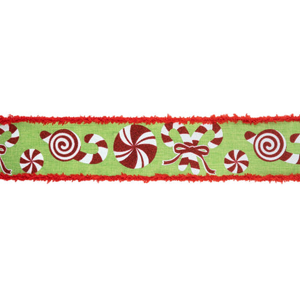 2 1/2" Wired Ribbon | Candy Cane with Red Fuzzy Edge | 10 Yard Roll LA Ribbons Wholesale