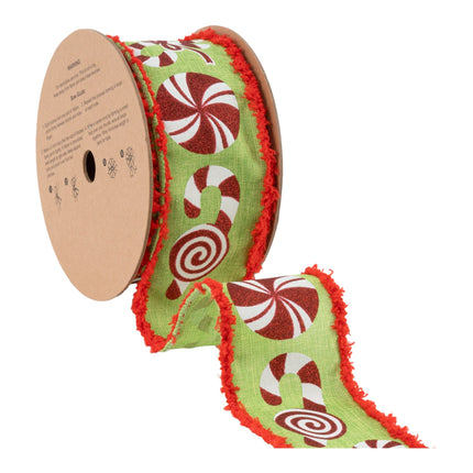 2 1/2" Wired Ribbon | Candy Cane with Red Fuzzy Edge | 10 Yard Roll LA Ribbons Wholesale