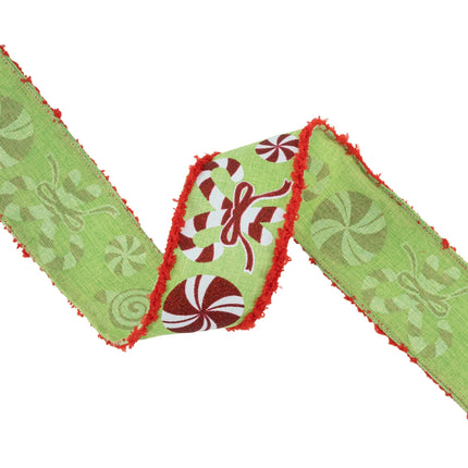 2 1/2" Wired Ribbon | Candy Cane with Red Fuzzy Edge | 10 Yard Roll LA Ribbons Wholesale