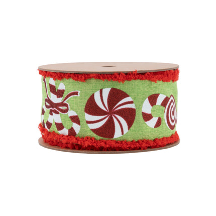 2 1/2" Wired Ribbon | Candy Cane with Red Fuzzy Edge | 10 Yard Roll LA Ribbons Wholesale